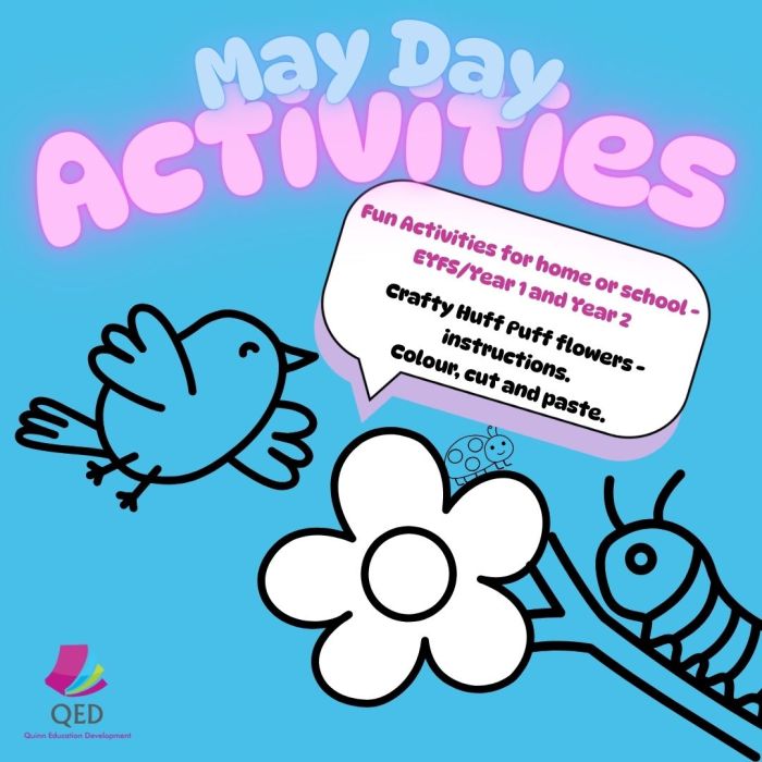 Image showing information for free fun May Day activities for EYFS, KS1 and KS2.