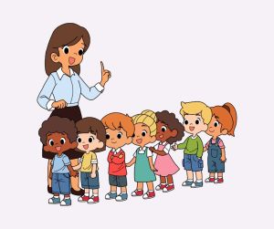 A cartoon image of children lining up with the teacher.