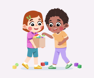 Cartoon image of 2 children tidying up together