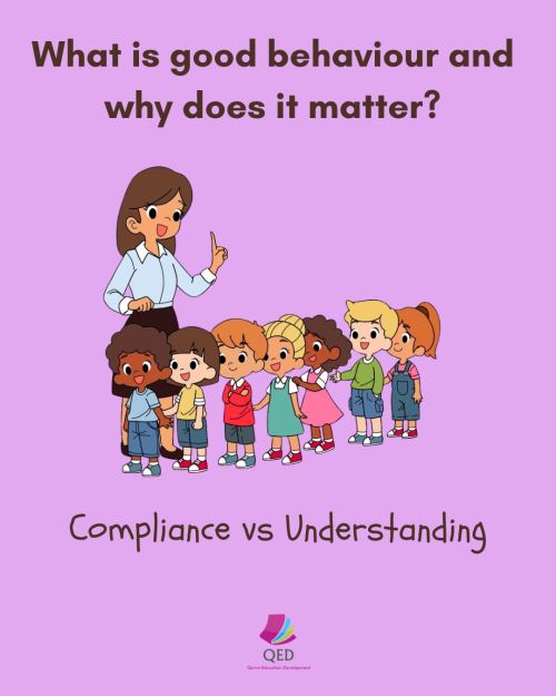 Cartoon picture of children lining up with a teacher to illustrate Compliance vs understanding in relation to behaviour
